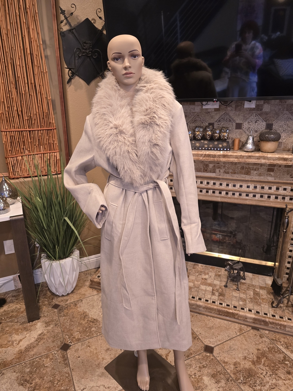 Women's Cream Long Belted Trench Coat with Faux Fur Collar